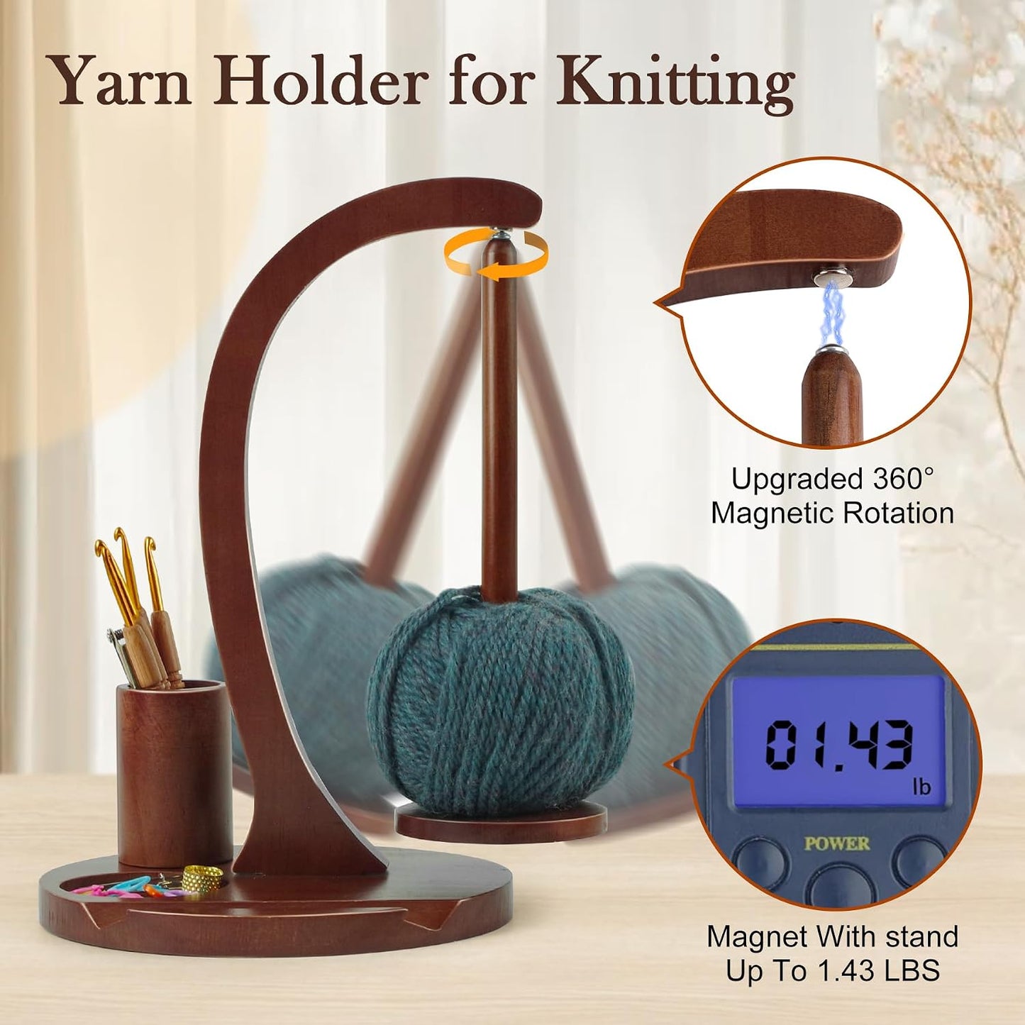 Crochet Yarn Holder, Yarn Spinner for Crocheting with Phone Stand & Crochet Accessories Storage, Crochet Gift for Knitting Lovers (Brown)