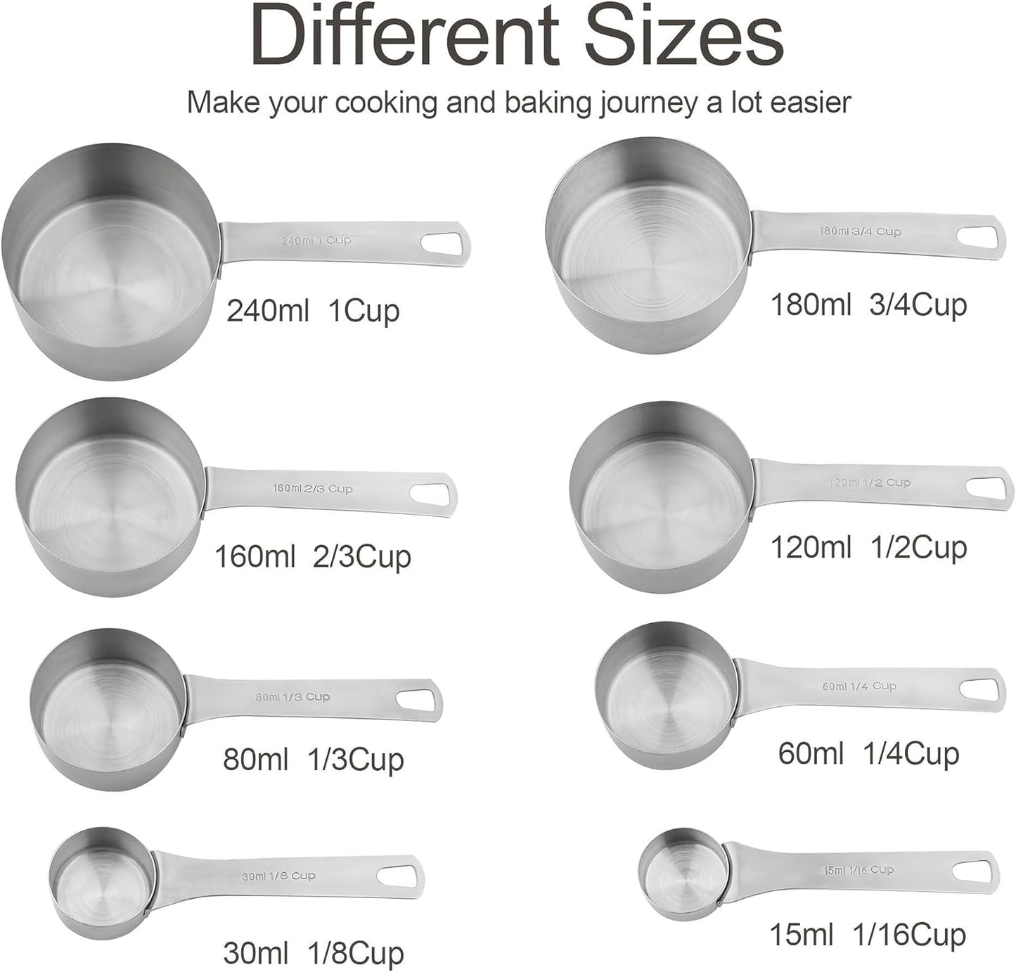 Smithcraft Measuring Cup Set of 8 Stainless Steel Measuring Cups18/8(304) Steel Material Heavy Duty 8 Measuring Cups and 1 Ring Set of 9
