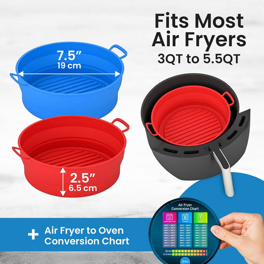 Collapsible Silicone Air Fryer Basket Liners Pot - AirFryer Liners Reusable Bowls for 3 to 5 qt - Air Fryer Accessories 2 Pack - Round Silicone Liners (Red & Blue) - PuriLite