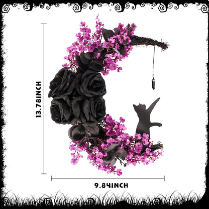 Black Cat Crescent Moon Wreath Light Up, Halloween Wreath Decorations for Front Door, Thanksgiving Autumn Indoor Outdoor Fall Decor