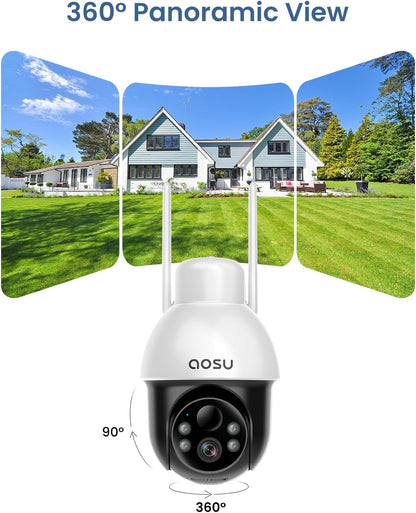 AOSU Solar Security Camera Wireless Outdoor with Panoramic PTZ, Human Auto Tracking, 2K Night Vision, Light and Sound Alarm, 2-Way Talk, Compatible with Alexa/Google Assistant for Home Surveillance
