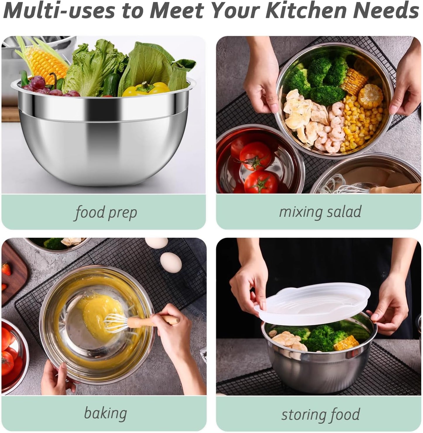 Luvan 18/10 304 Stainless Steel Mixing Bowl,Set of 6(1,1.5,1.9,2.6,3.4,4.2QT),with Airtight Lids,Nesting Bowls for Space Saving Storage,Dishwasher Safe, Great for Mixing,Baking, Prepping