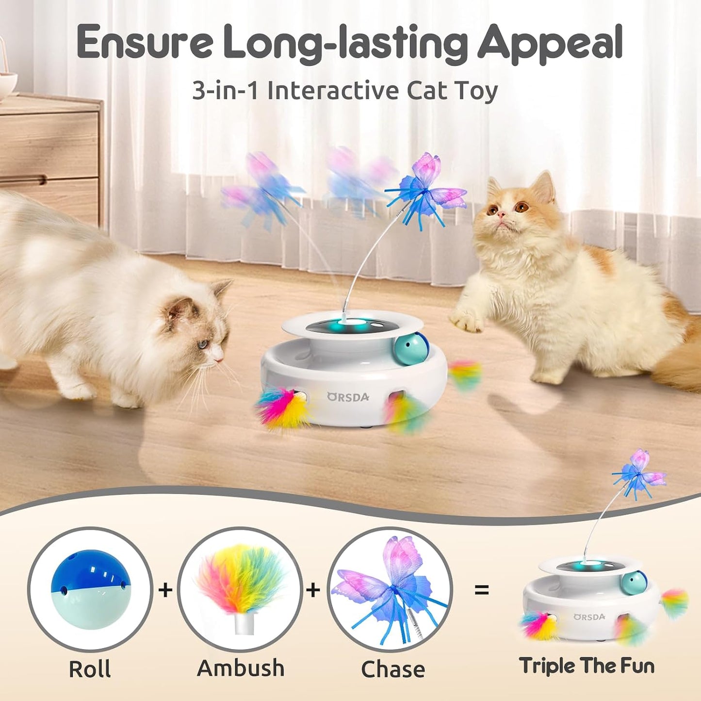 ORSDA Cat Toys Rechargeable, 3 in 1 Automatic Cat Toy, Moving Ambush Feather, Fluttering Butterfly, Track Balls, Whack a mole, with 4 Attachments