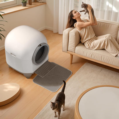 GUNJI Self Cleaning Litter Box, 90L Automatic Cat Litter Box for Multiple Cats, App Control-No Scoop, Large Kitty Box with Safety Protection, Includes Mat, 1 Garbage Bags (Gray)