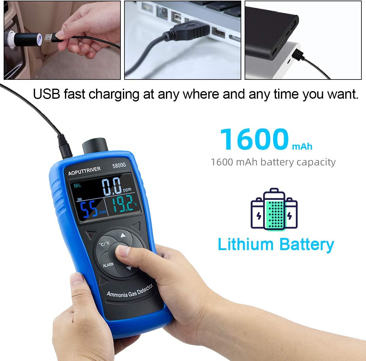 Ammonia Gas Detector, 0~100 PPM NH3 Monitor | Farm, Poultry, Pig & Livestock USB Recharge | LCD Backlight with Temperature(℉/℃), Humidity -AP-5800G