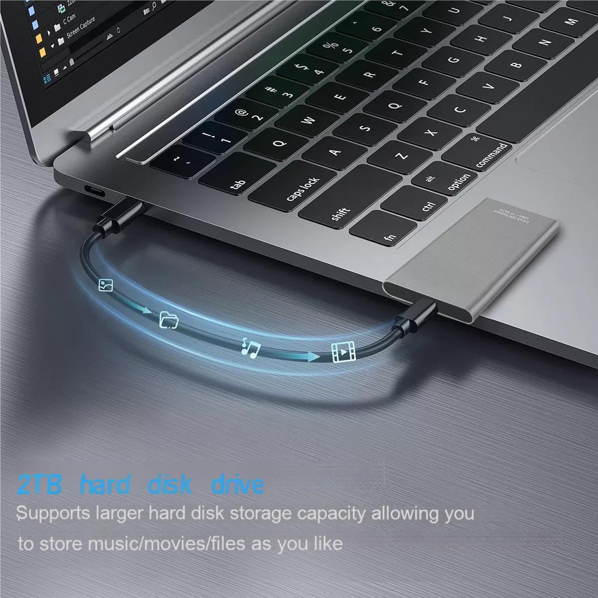 External Hard Drive 2TB USB 3.0,Portable HDD Storage Silver Plug and Play Compatible with PC/Laptop/Mac os