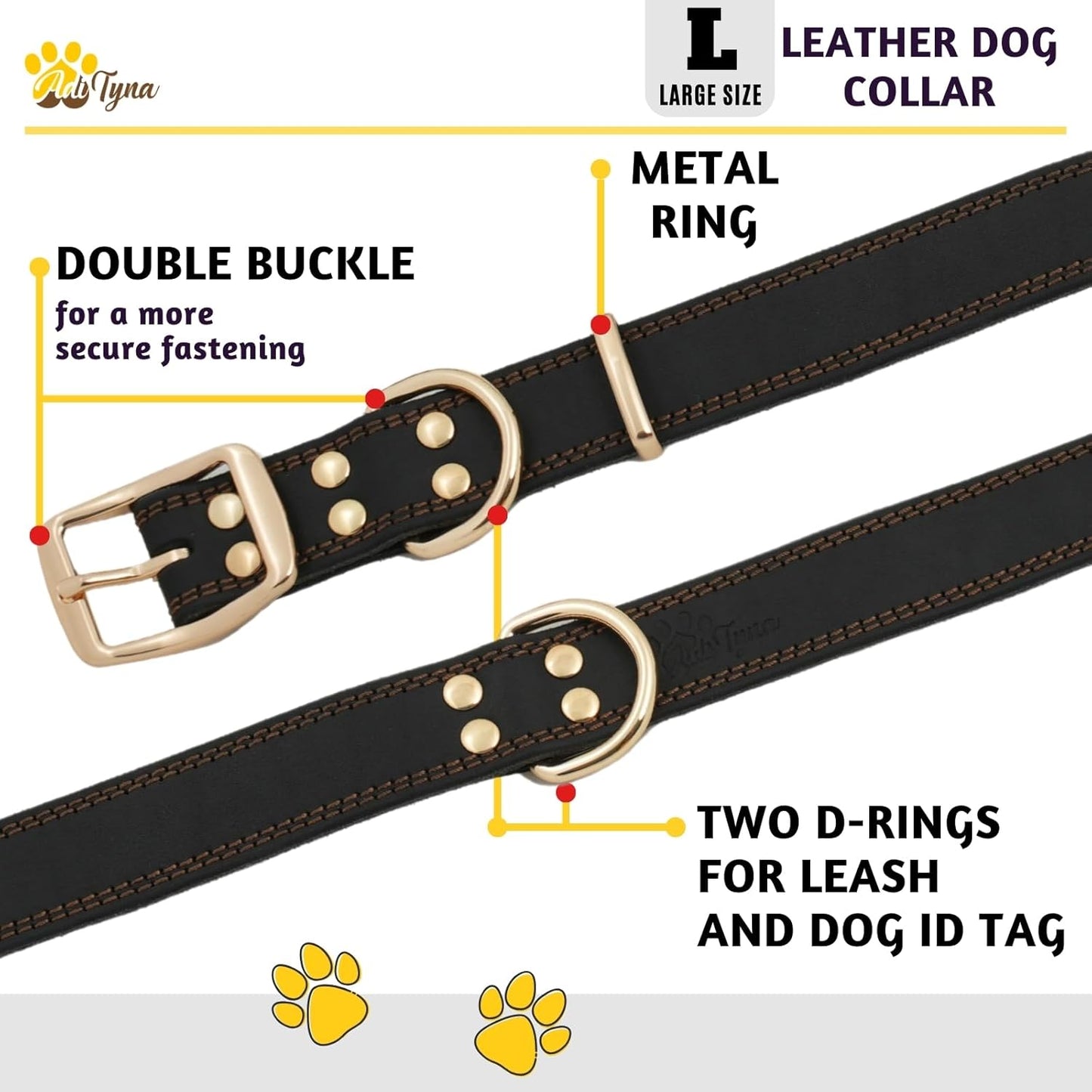 ADITYNA Heavy-Duty Leather Dog Collar for Medium Dogs - Soft and Strong, 100% Genuine Leather - Collier Pour Chien (Medium: Fit 13" - 20" Neck, Brown)