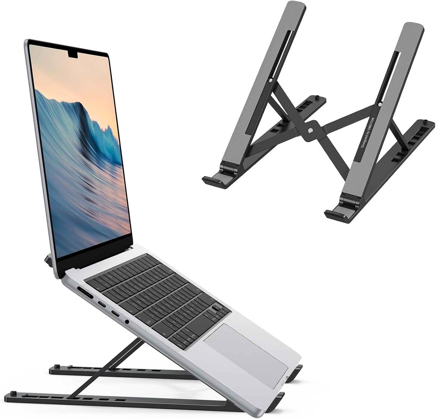 OMOTON Adjustable Laptop Stand | 7-Level Ergonomic Foldable Laptop Riser | Portable Desk Stand for 10–15.6 Inch Laptops & Tablets | Black
