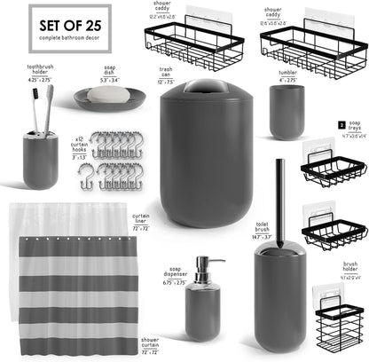 Clara Clark Bathroom Set - Gray Bathroom Accessories Set, Bathroom Sets with Shower Curtain and Rugs, 23PC Shower Curtain Set with Liner, Soap Dispenser, Soap Dish, Toilet Brush Holder, and Trash Can