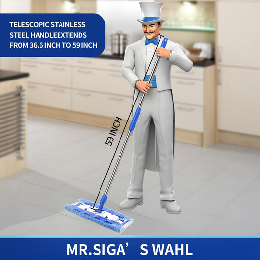 MR.SIGA Professional Microfiber Mop for Hardwood, Laminate, Tile Floor Cleaning, Stainless Steel Handle - 3 Reusable Flat Mop Pads and 1 Dirt Removal Scrubber Included - PuriLite
