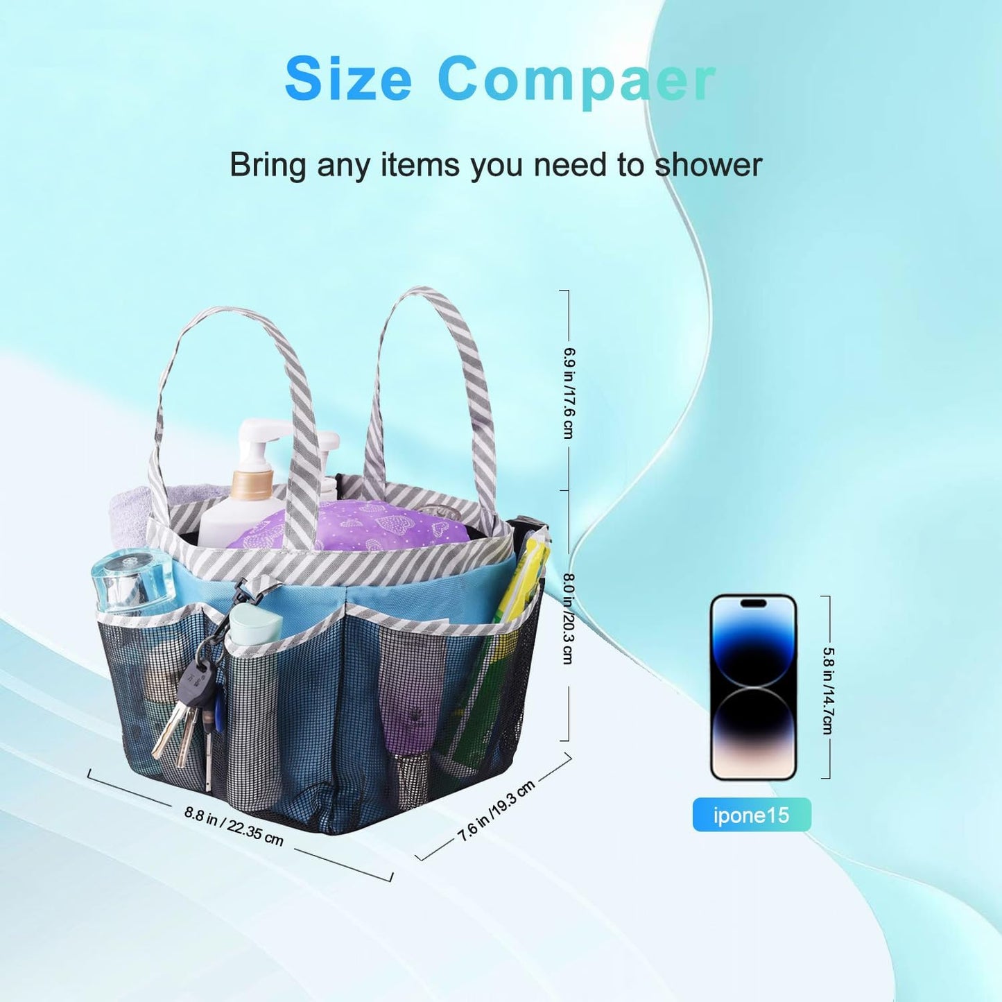 Mesh Shower Caddy Tote, Large College Dorm Bathroom Caddy Organizer with Key Hook and 2 Oxford Handles, Quick Hold, 8 Basket Pockets for Camp Gym