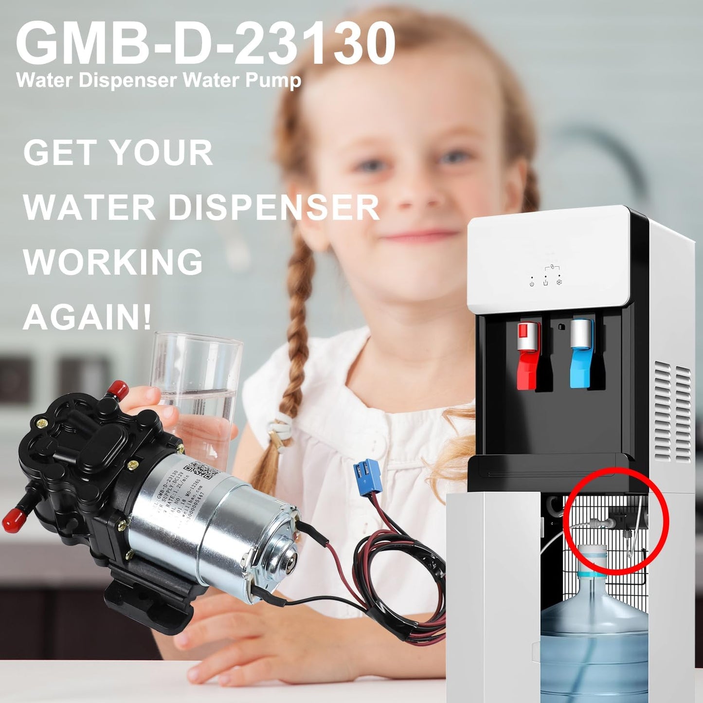 GMB-D-23130 Water Pump Compatible with Midea Avalon Primo Brio Water Dispenser 1.2L/min DC12V, Replaces DP005A2 MO-12265 Bottom Loading Bottled Water Cooler Dispenser