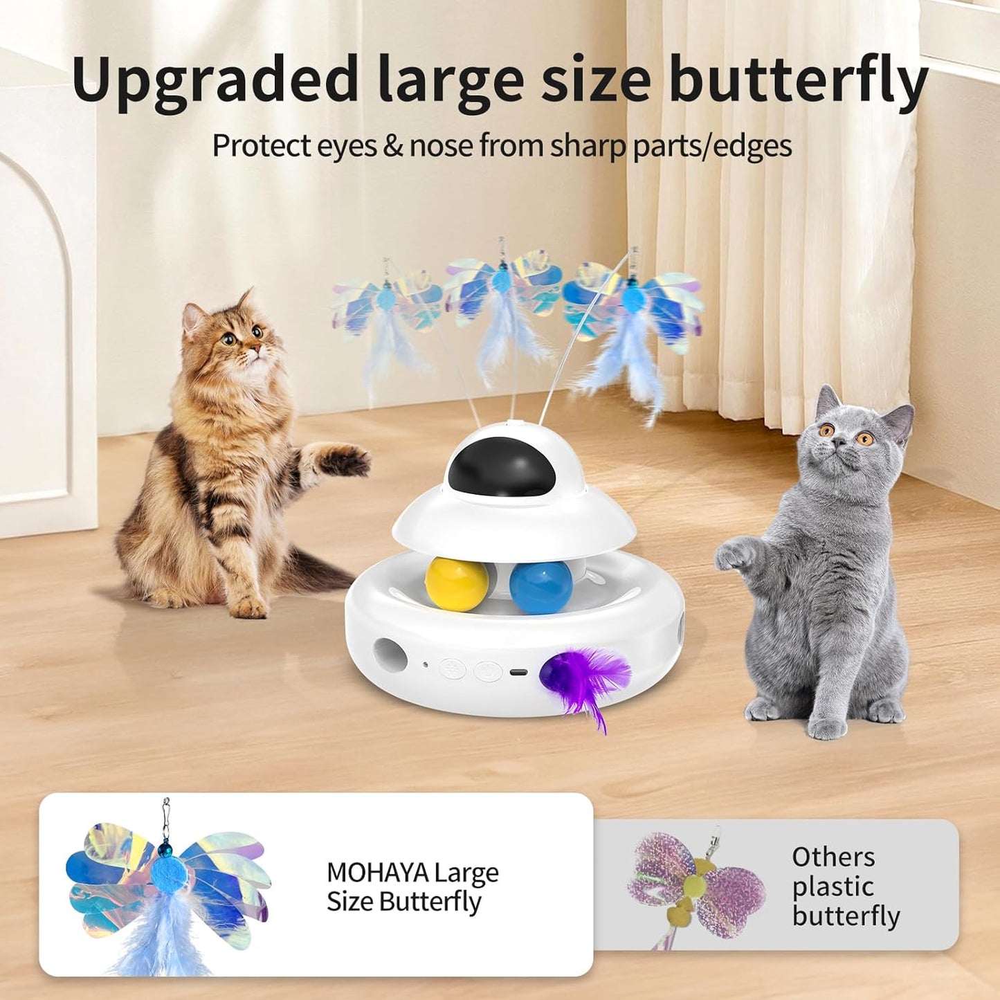 MOHAYA Interactive Cat Toys for Indoor Cats,4-in-1 Automatic Kitten Toy,Motion Activated Electronic Fluttering Butterfly,Track Balls, Moving Feather Toys for All Breeds,USB Rechargeable