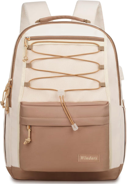 WINDARS School Backpack for Teens Girls, Aesthetic College Backpack Large Bookbag for Women Students Fashion 15.6 Inch Laptop Bag for Work Travel (Khaki Beige)