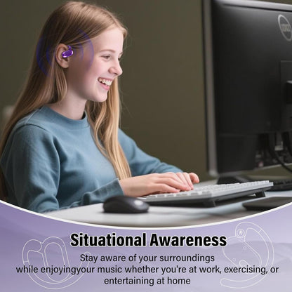 Open Ear Headphones, Bluetooth 5.4 Earphones 36H Playtime Air Conduction Headphones with Mic, Adjustable Earhook Earbuds with ENC Clear Calls/LED Display, IPX7 Waterproof Open Ear Earbuds Dark Purple