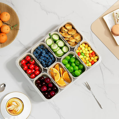 Divided Serving Tray with Lid & Handle, Snack Box with 8 Compartments, Snack Tray, Food Storage Container for Travel, Party & Picnic, Clear Organizer for Veggie, Candy, Fruit, Nut