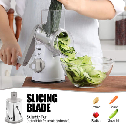 Geedel Kitchen Cheese Grater, Rotary Mandoline Vegetable Slicer with Interchangeable Blades, Easy to Use Rotary Grater Slicer for Fruit, Vegetables, Nuts