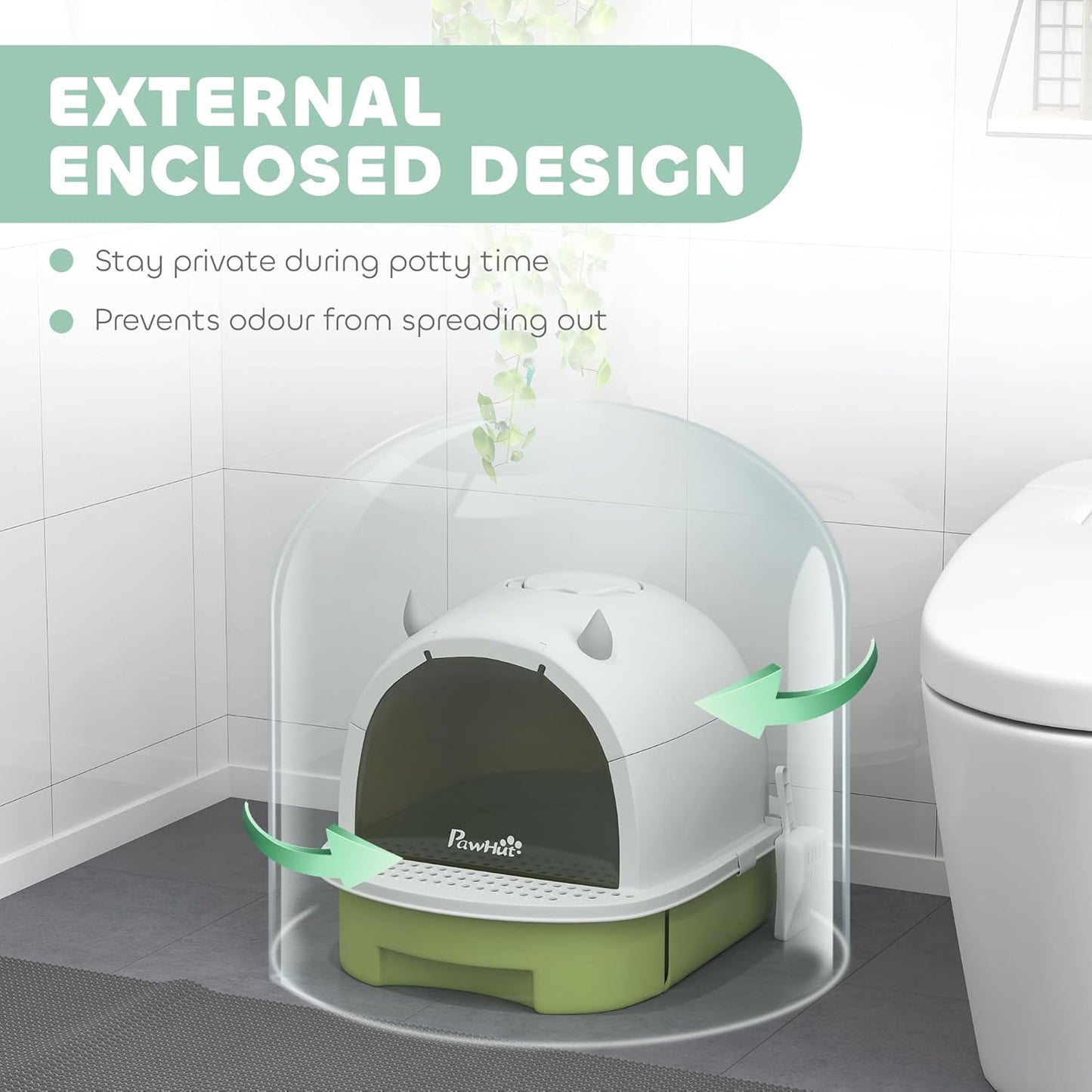 PawHut Cat Litter Box with Lid, Drawer Style Enclosed Kitty Litter Box with Front Door Flap, Scoop, Handle, Easy Clean, Cat Litter Tray for Small and Medium Cats, Green