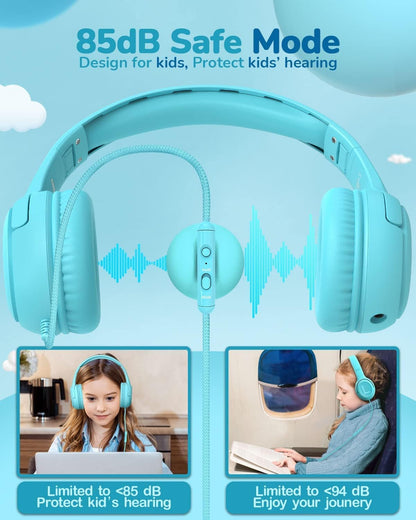 awatrue Kids Headphones with Microphone, Wired Headphones for Kids 85/94dB Safe Volume Limit, Over Ear Headsets, Boys Girls Childrens Headphones for School/Travel/Fire Tablet/BlueOrange