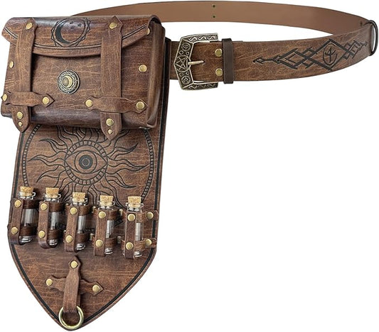 HiiFeuer 3PCs Medieval Alchemy Faux Leather Belt Bag Set with 5 Cork Potion Vials, Fantasy Embossed Wizard Halloween Belt(Brown A)