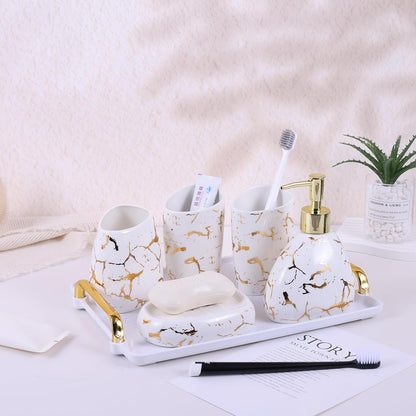 White Bathroom Accessories Set,Modern Countertop Bathroom Decor,Luxury 6 Piece Bathroom Accessory Set,Complete with Soap Dispenser,Toothbrush Holder,Tumbler,Tray