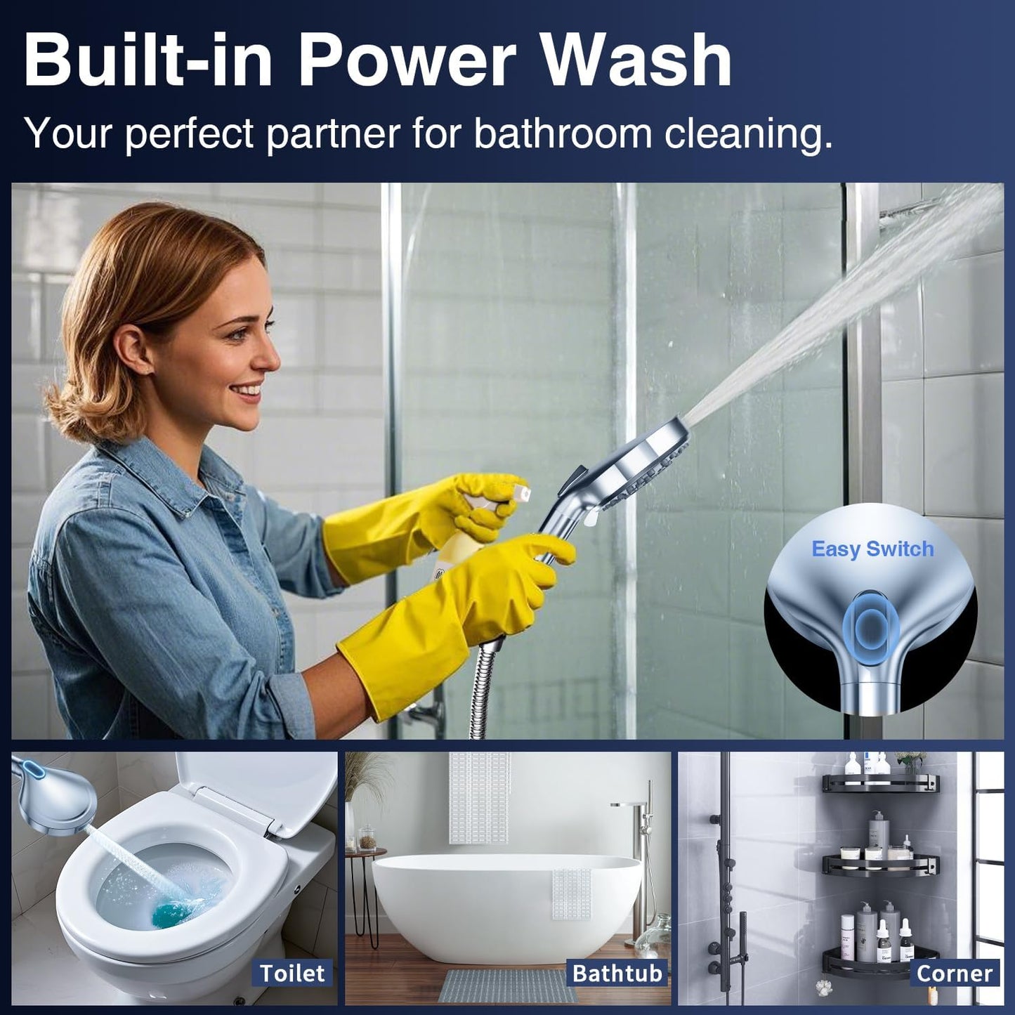 High Pressure 10-Mode Handheld Shower Head - Built in Power Wash for Clean, Replaceable Filter Soften Hard Water Remove Chlorine, 60 Inches Hose, Overhead Bracket, Anti-Clog Nozzle (Chrome)
