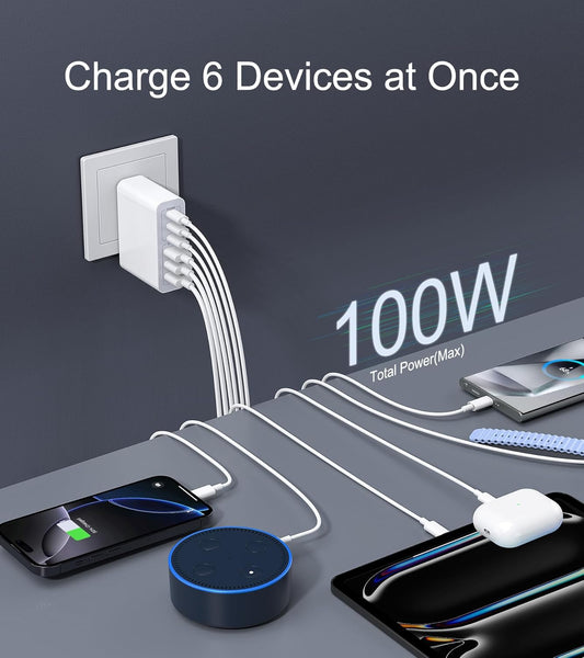 USB C Wall Charger, 100W 6-Port PD Fast USB C Charging Block,3USB C+3USB A Charging Station Hub Block Power Strip Type C Cube Brick for iPhone 16/15/14/13/12/11/Pro Max Samsung Tablet - PuriLite