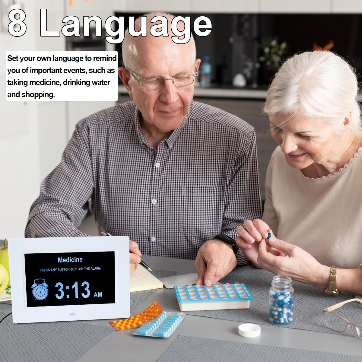 [2025 Newest] Digital Day Calendar Clocks 3 Medicine Reminders Extra Large 8 Inch Non-Abbreviated Day Date Month Dementia Senior Clock for Eldarly Memory Loss Vision Impaired Clock