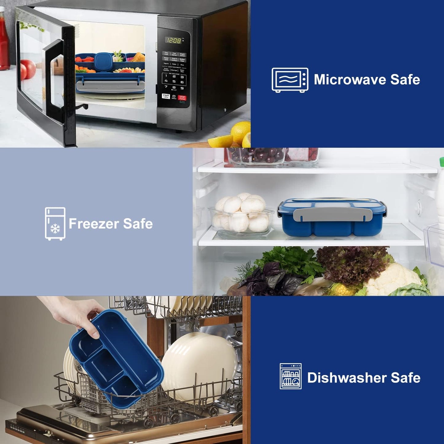 MaMix Bento Lunch Box Adult, Kids, Lunch Containers for Adults/Kids/Students,1300ML-4 Compartment (Blue)