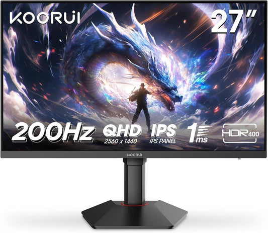 KOORUI Monitor 27 inch QHD 2K Fast IPS Gaming Monitor, 200Hz 1ms, HDR400,95% DCI-P3,Adaptive Sync,Tilt Pivot Swivel Vertical Height Adjustable,HDMI 2.0 &DP 1.4 Ports, G2722P, Black - PuriLite