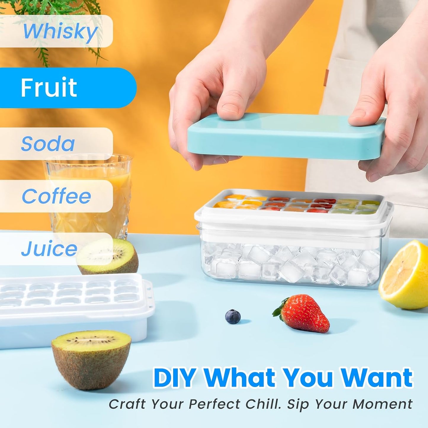 PHINOX Ice Cube Tray with Lid and Bin, Easy Release 56 Cubes for Freezer | Food-grade BPA-free PP and ABS.0.8" mini cubes for fruit, cocktails, coffee. Airtight, odor-free, stackable with scoop