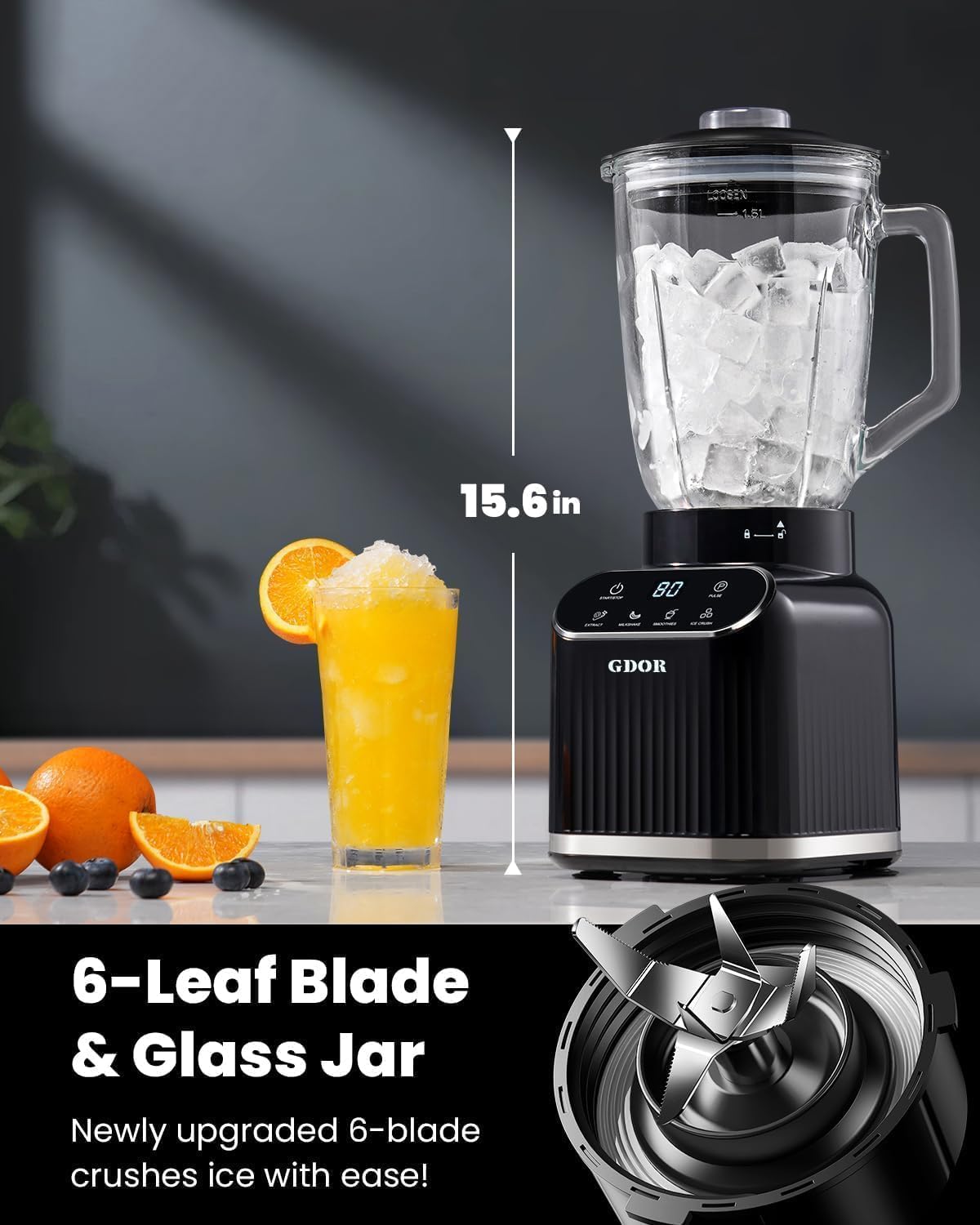 GDOR Blender 1200W, 5 Programs Smoothie Blender with Glass Jar & To-Go Cup