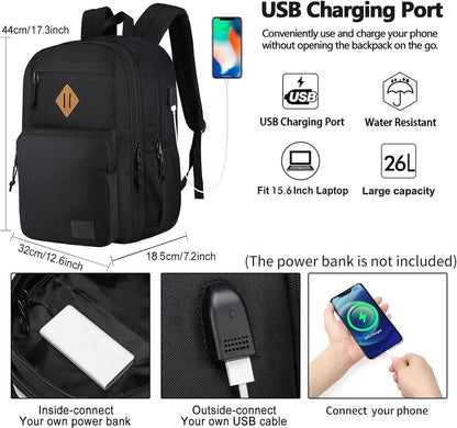 KEOFID classic carry-on travel backpack for men and women, Anti theft laptop backpack with USB charging port, large backpack for college(dark black）