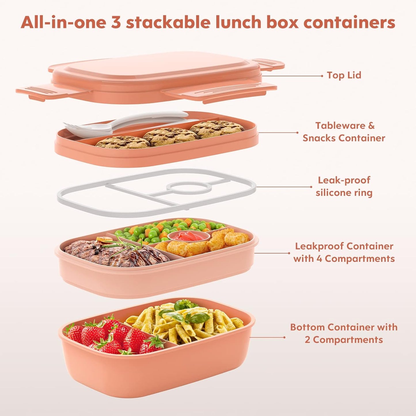 Bento Box Adult - 3 Layers Stackable Lunch Containers for Adults & Kids, 72oz Large Salad Containers for Lunch with Utensil Sauce Dressing Containers for Dining Out,Work,Pink