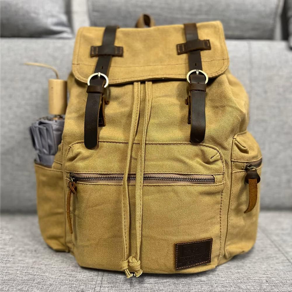 AUGUR Canvas Backpack,17 inch Laptop Backpack Vintage Canvas Leather Backpacks Casual School College Bag Pack Bookbag Hiking Travel Rucksack Daypack (L-Coffee)