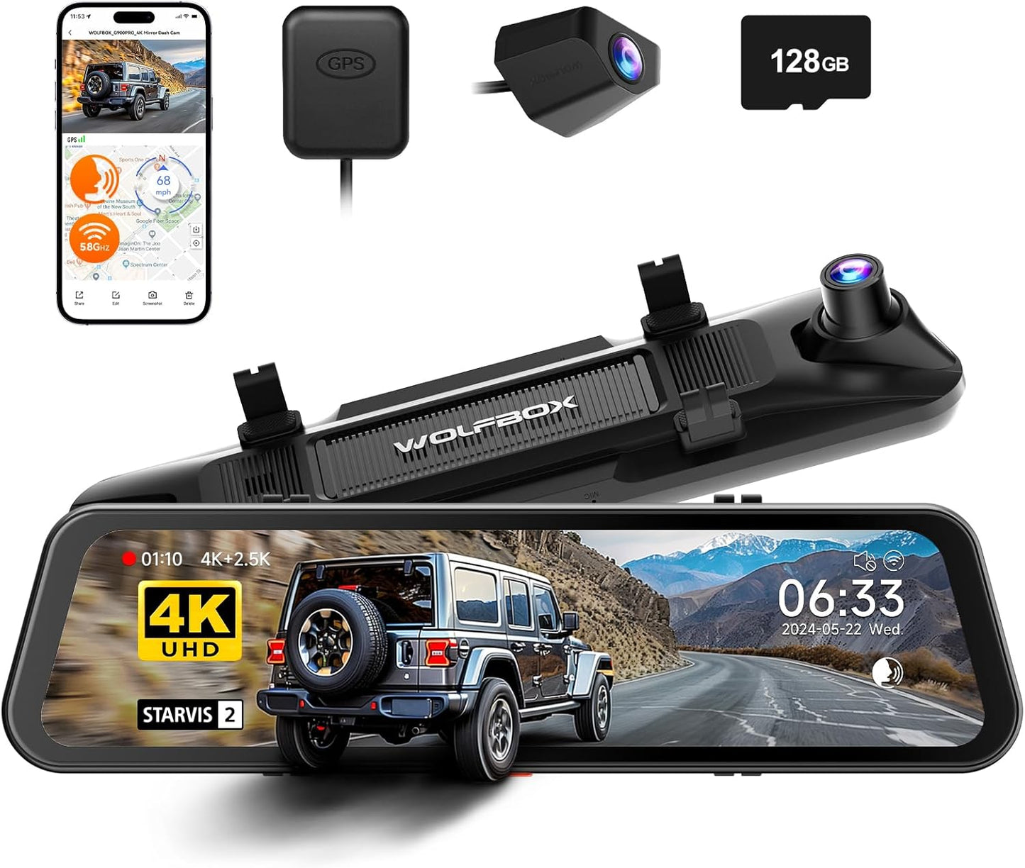 WOLFBOX G900 PRO Mirror Dash Cam with STARVIS 2 IMX678, 12 inches Rear View Mirror Camera with Front 4K and Rear 2.5K, Included 128GB Card, Voice Control, 5.8GHz WiFi, Loop Recording, GPS & G-Sensor