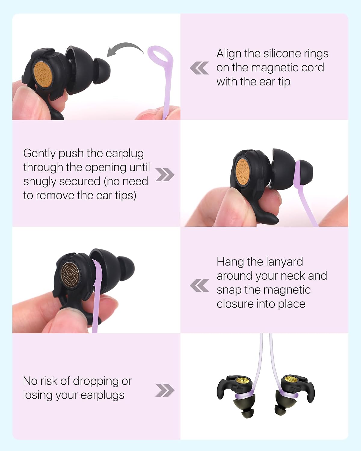 Earplugs Lanyard 2PCS, Magnetic Tug-Resistant Safety Connector Cord Keep Ear Plugs Secure Handy, Anti-Loss Silicone Strap Works with Any Earplugs, Earphones, Earbuds with Removable Tips