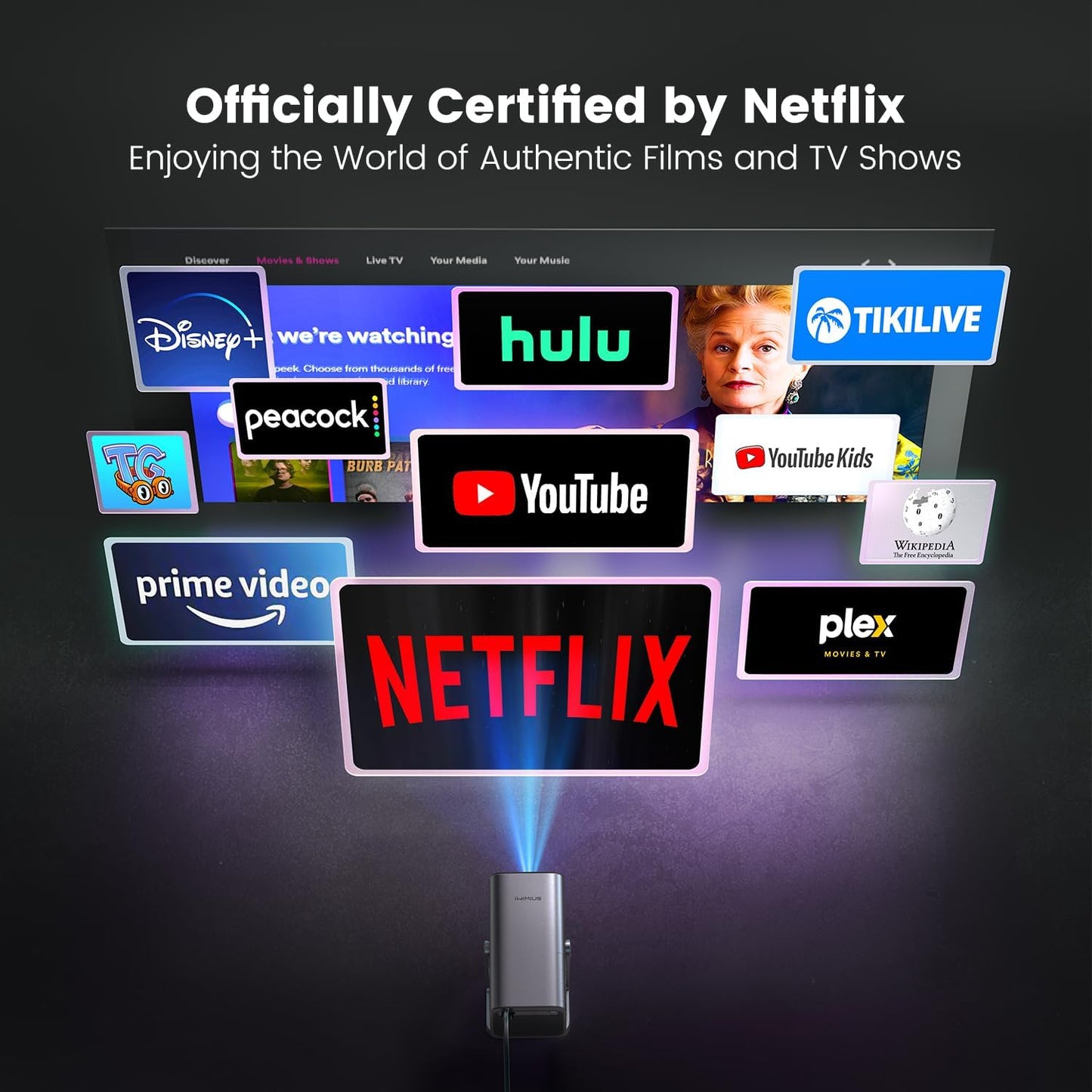 [Netflix-Officially/20W Dolby Audio] Portable Projector with WiFi 6 & Two-Way Bluetooth, 360°Rotation iWIMIUS S29 Native 1080P 600ANSI 4k Projector, Electric Focus 4D/4P Auto Keystone Smart Projecteur