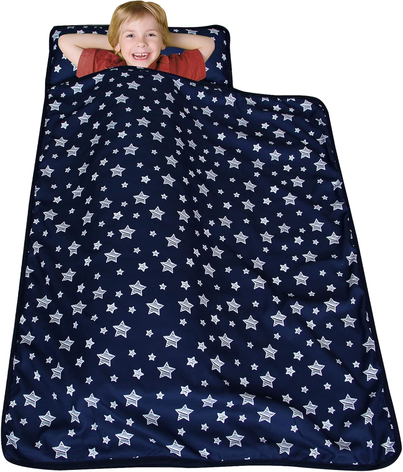 Toddler Nap Mat with Pillow and Fleece Minky Blanket, Kids Sleeping Bag Lightweight and Soft Perfect for Kids Preschool, Daycare, Travel Sleeping Bag Boys and Girls, Fit Standard Cot