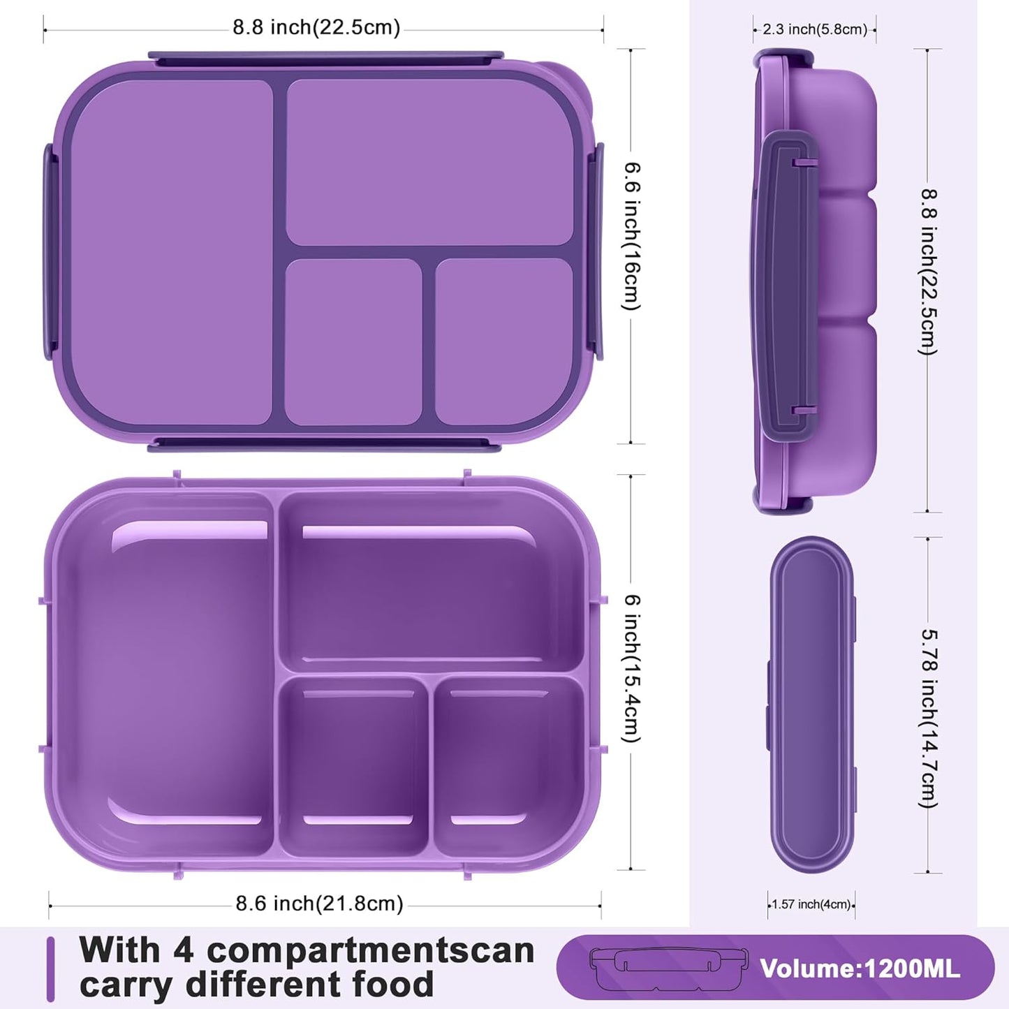 Amathley Lunch Box Kids,Bento Box Adult Lunch Box,Leakproof Lunch Containers for Adults/Kids/Toddler,1200ML-4 Compartments bento Lunch box with Utensil,Microwave & Dishwasher Safe(Dark Gray)