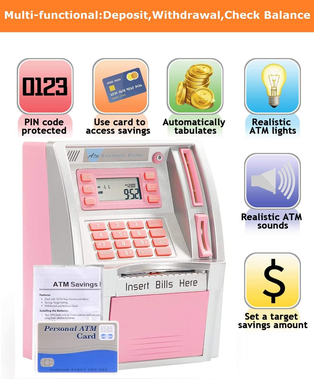 Canadian Dollar ATM Piggy Bank for Kids with Debit Card, Coin Recognition & Bill Slot, Electronic Digital Money Savings Bank with PIN Code Lock and Power-Off Memory (Silver/Pink) - PuriLite