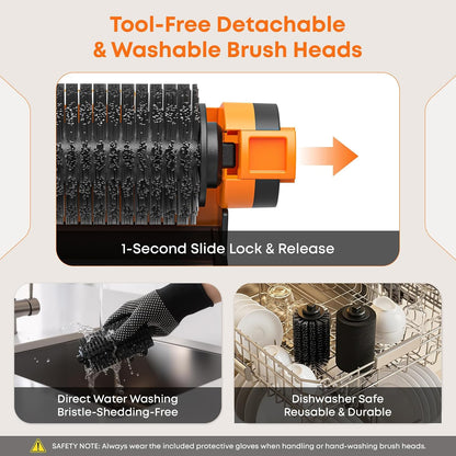 1500RPM Electric Grill Brush | Cordless Rechargeable BBQ Cleaner, 3 Speeds & 3 Heads, LED Light and Splash Guard – Fits Gas, Charcoal & Cast Iron Grates