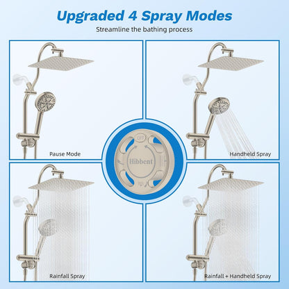 Hibbent Upgraded All Metal 10"Rainfall Showerhead Combo, High Pressure Shower Head with 10-Spray Mode Handheld, Innovative 4-way Diverter with Pause Mode, 71'' Shower Hose and Handheld Holder, Chrome