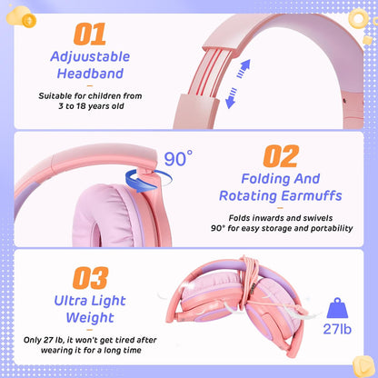 INFURTURE Kids Headphones for School Travel, 94dB Safe Volume Limited, HD Mic Stereo Sound Over-Ear Girls Boys Headphones for Kid, Foldable 3.5mm and USB-C Wired Headphones for iPad Computer