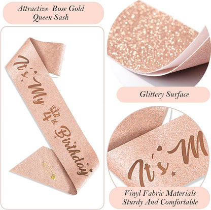 8pcs 40th Birthday Decorations gifts for Women, Including 40th Happy Birthday Cake Topper, Queen Sash with Pearl Pin, Sweet Rhinestone Tiara Crown for Women, Number Candles and Balloons (Rose Gold)