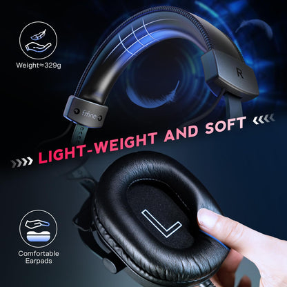 Fifine PC Gaming Headset with USB/3.5mm Jack for Laptop Computer, Over Ear Wired Headphones with 7.1 Surround Sound, Detachable Microphone, Volume Control, Noise Cancelling for PS5/Xbox/Switch-H9