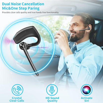Wireless Headset Bluetooth Earpiece with Dual Noise Canceling Microphone Hands Free Headphones Single Ear Earphone Over Ear Earbud for iPhone Samsung Android Cellphones TV PC Trucker Game Work
