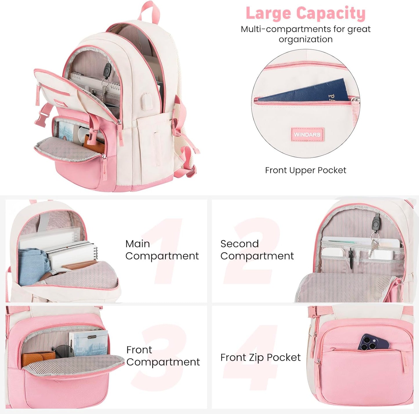 WINDARS Backpack for School Girls, Cute High School Backpacks for Teens Women Student Large Bookbag 15.6 Inch Laptop Bag with USB Charger Port for College Work Travel Trip (Beige Khaki)