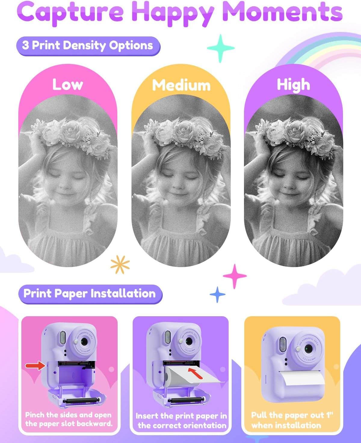 Pussan Kids Camera Instant Print, 1080P Instant Print Camera Toys for 3-12 Year Old Girls, Christmas Birthday Gifts for Age 3 4 5 6 7 Girls, Kids Digital Camera Toys with 3 Rolls Print Paper-Pink