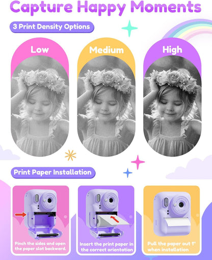 Pussan Kids Camera Instant Print, 1080P Instant Print Camera Toys for 3-12 Year Old Girls, Christmas Birthday Gifts for Age 3 4 5 6 7 Girls, Kids Digital Camera Toys with 3 Rolls Print Paper-Pink